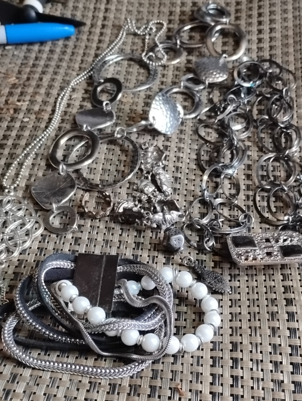 Mixed Silver Tone Necklace and Bracelet Set with White Beads